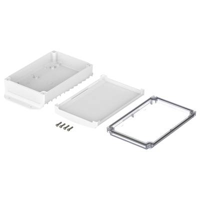A rectangular, dismantled enclosure made of plastic and metal, consisting of a lid, base, and four screws.