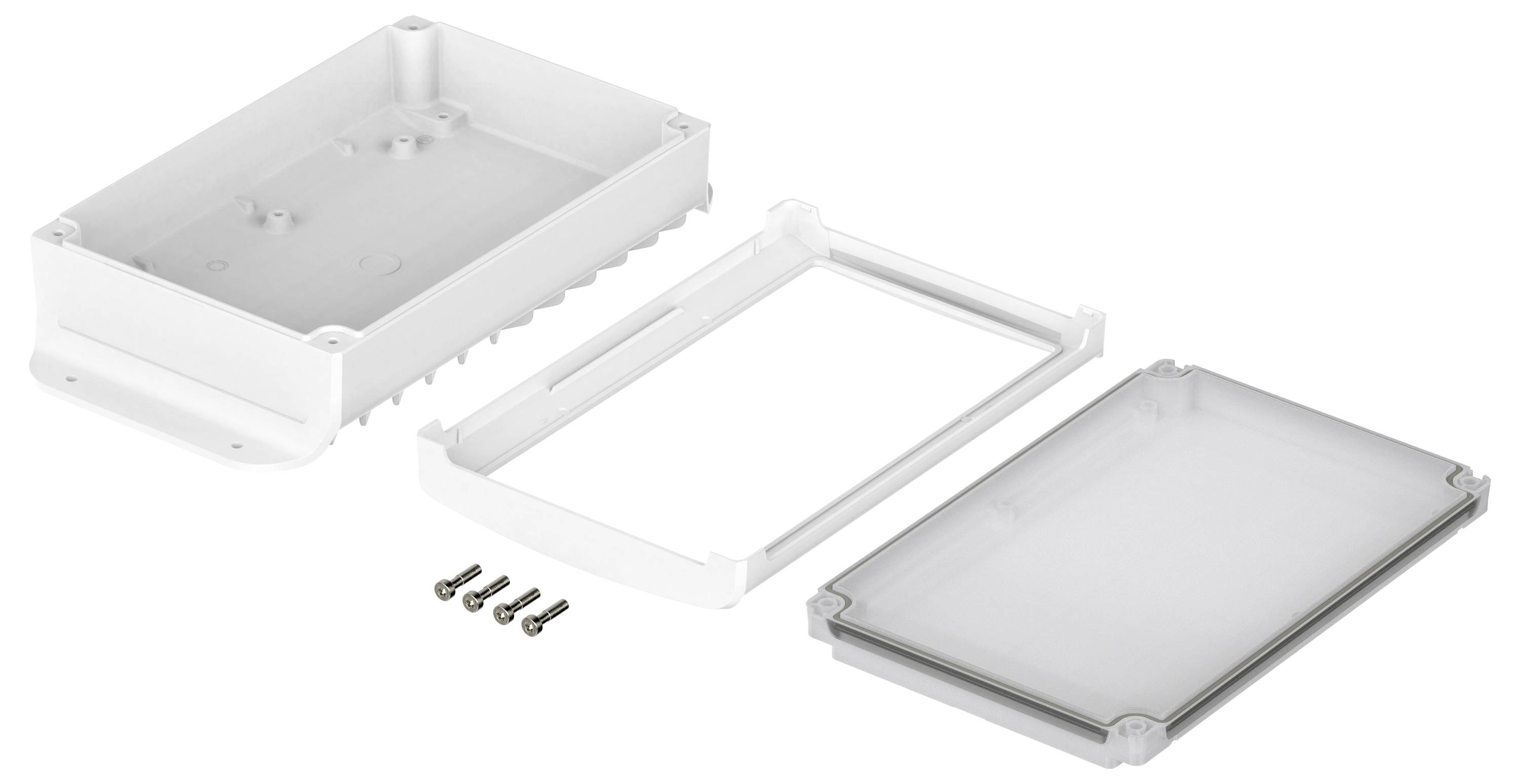 Housing in three parts: base shell, middle frame and cover. With accompanying screws, on a white background.