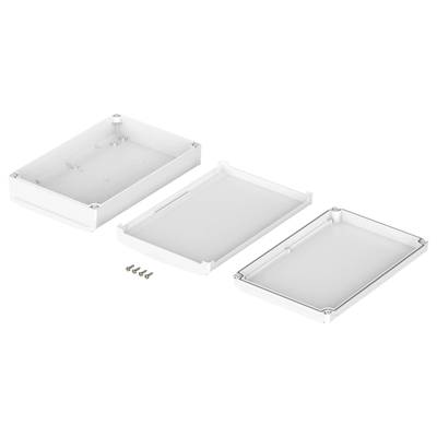 Plastic enclosure in three parts: base, lid, middle frame. Four screws beside it.
