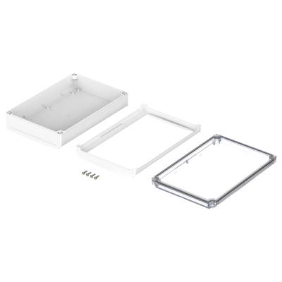 A housing divided into three parts: base, middle section, and transparent top cover. Four screws are lying beside it.