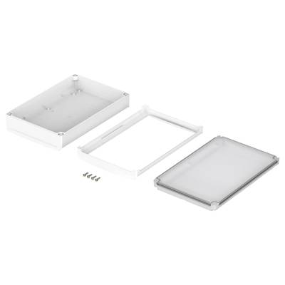 A white rectangular enclosure, comprising three parts: base, upper cover, and clamping frame. Four screws for mounting.