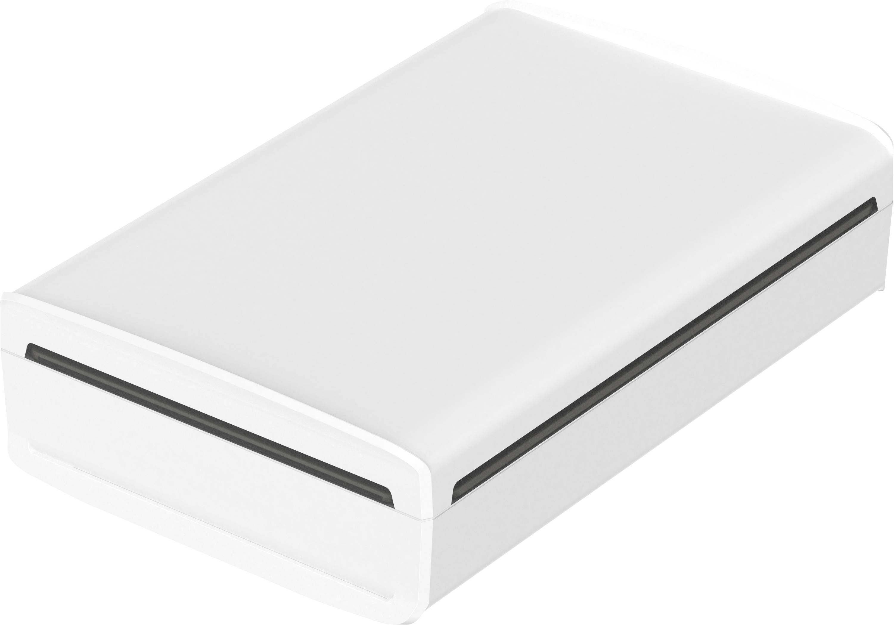 A small, rectangular, white box with rounded corners and a narrow, black line on its side.