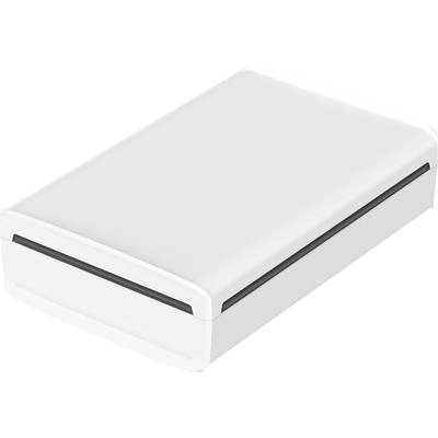A small, rectangular, white box with rounded corners and a narrow, black line on its side.