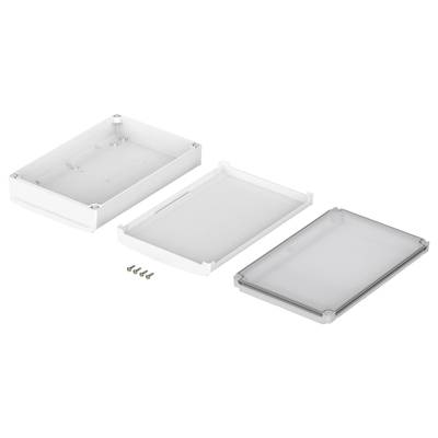 White plastic housings, consisting of three parts and screws, for electronic components. Upper and lower shells visible.