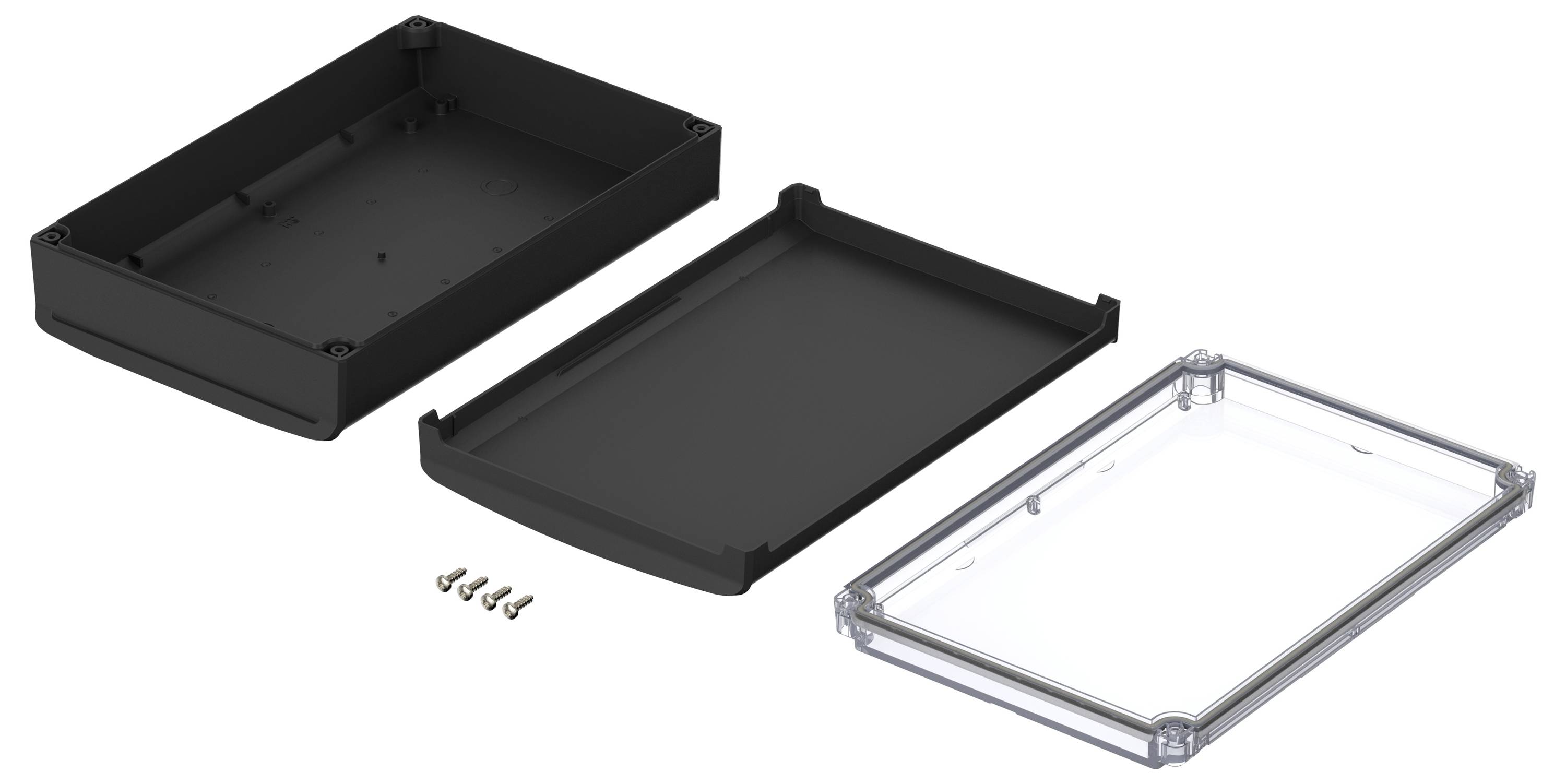 Housing assembly kit consisting of a black base, a transparent lid and screws, for mounting purposes.