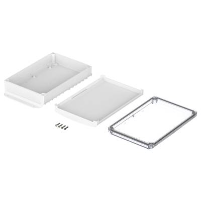 Plastic housing set comprising two white components and a transparent lid, including five screws.