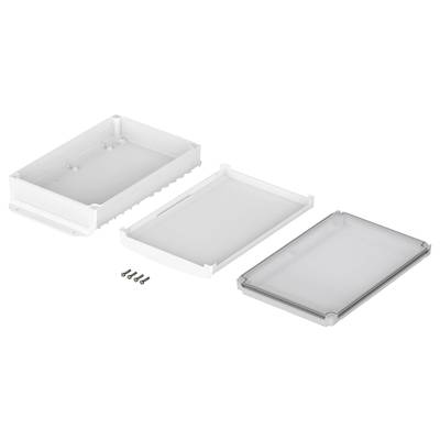 White plastic casings with two lids and six screws lying on a white surface.