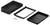 Black plastic casing dismantled into three parts: upper and lower covers, along with a frame, plus four screws.