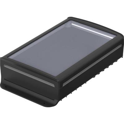 A rectangular black plastic box with a transparent lid and rounded corners.