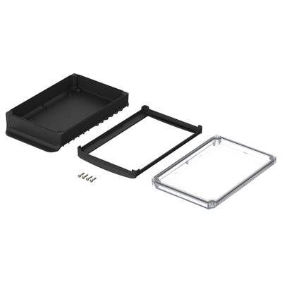 Housing assembly kit with black base, transparent lid and mounting screws; suitable for electronic projects.
