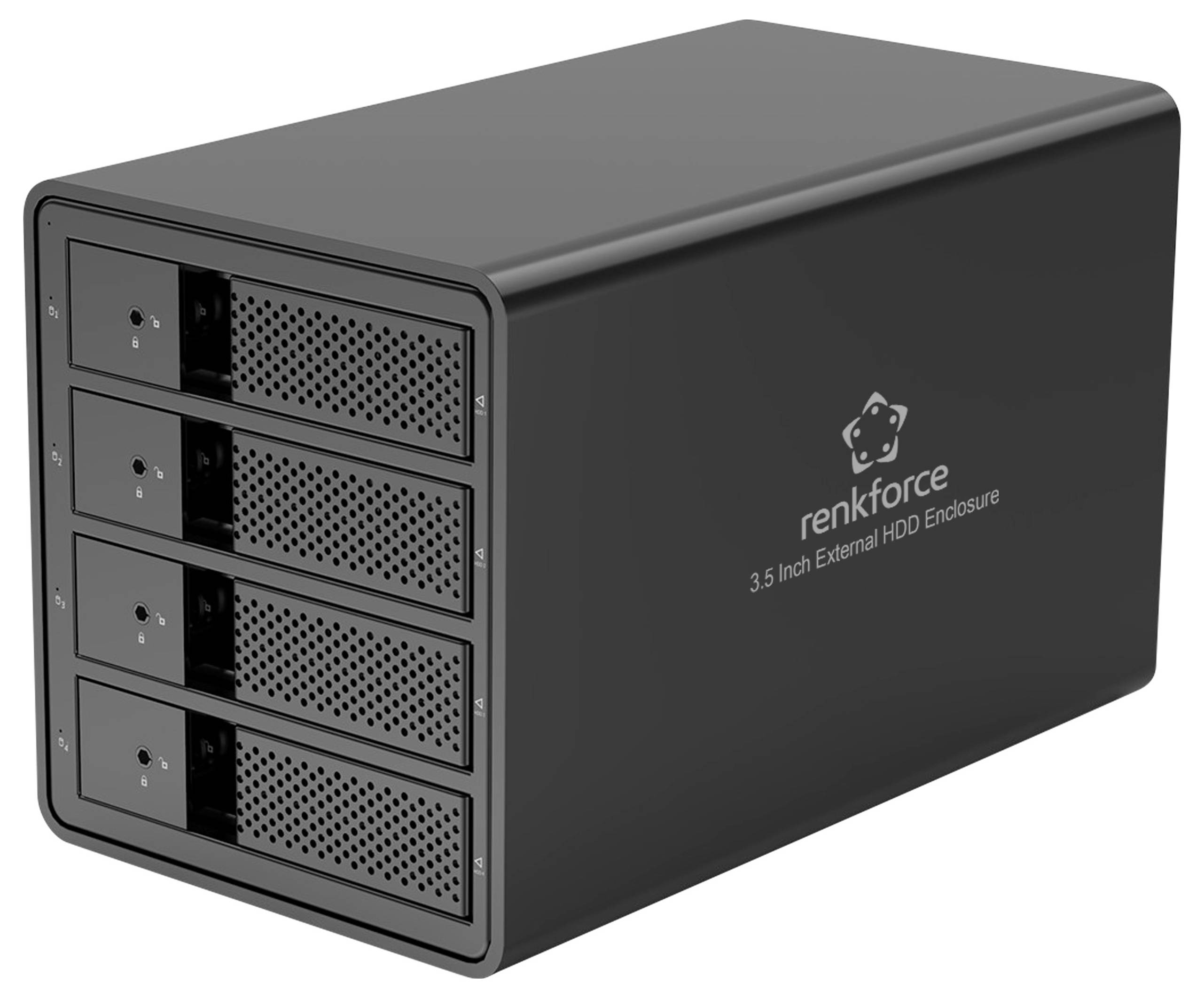 External hard drive enclosure by Renkforce with four bays for 3.5-inch HDDs. Black design, suitable for data storage.