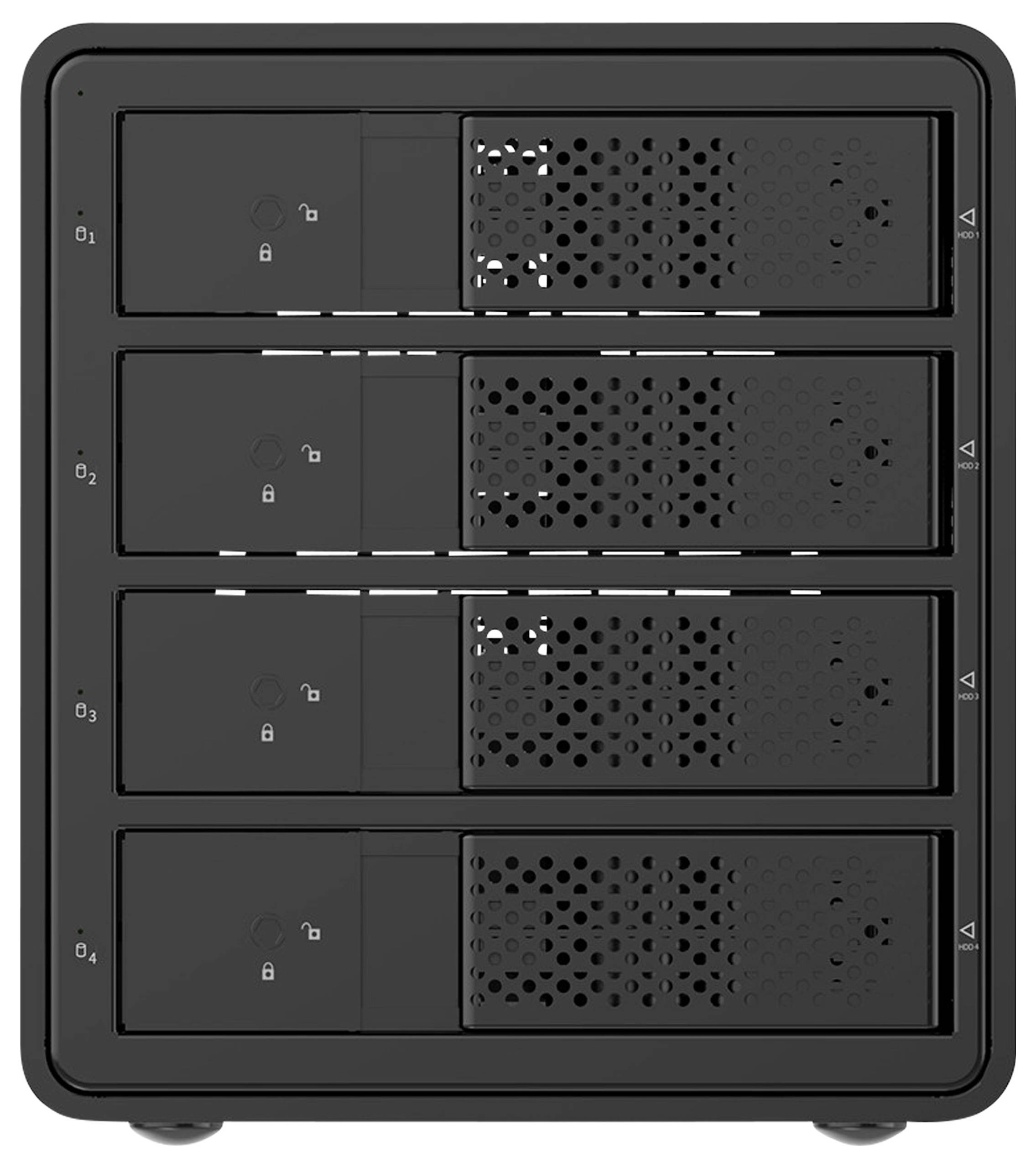 A black, four-bay hard drive enclosure with lockable covers and numbered drive bays for secure data access.