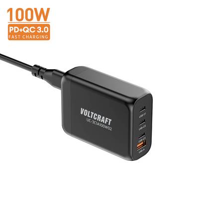 Black charger with three USB ports, 100W power output, 'PD+QC 3.0 Fast Charging' label, USB-C and USB-A ports.