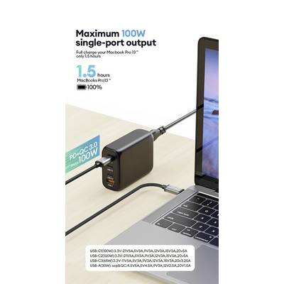 USB charger with multiple ports charges MacBook Pro 13" in 1.5 hours with 100W power. Displays show 100% charging status.