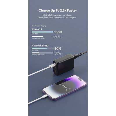 'Smartphone with charger' Quick charging cable connected to smartphone. Text about charging speed: up to 2.5 times faster.