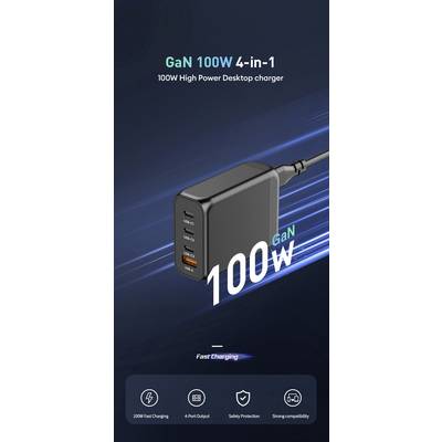 'GaN 100W 4-in-1' Desktop Charger with four USB ports, supporting fast charging and offering safety features.