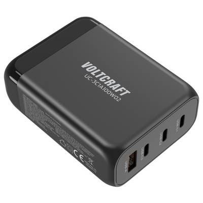 Black Voltcraft charger with three USB ports, including a USB-C Power Delivery port. Markings on the top surface.