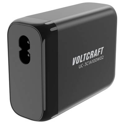 A black charger with two USB-C ports, brand name 'Voltcraft' and model number 'UC-3C1A100W02' on the side.