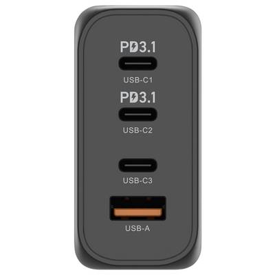 Charging system with four ports: two USB-C PD3.1 and one USB-C, one USB-A. Black design, compact and functional.