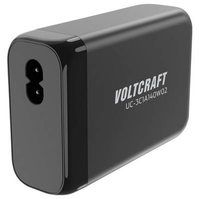 Compact black charger with the inscription 'VOLTCRAFT UC-3C1A140W02', two power socket connections visible.