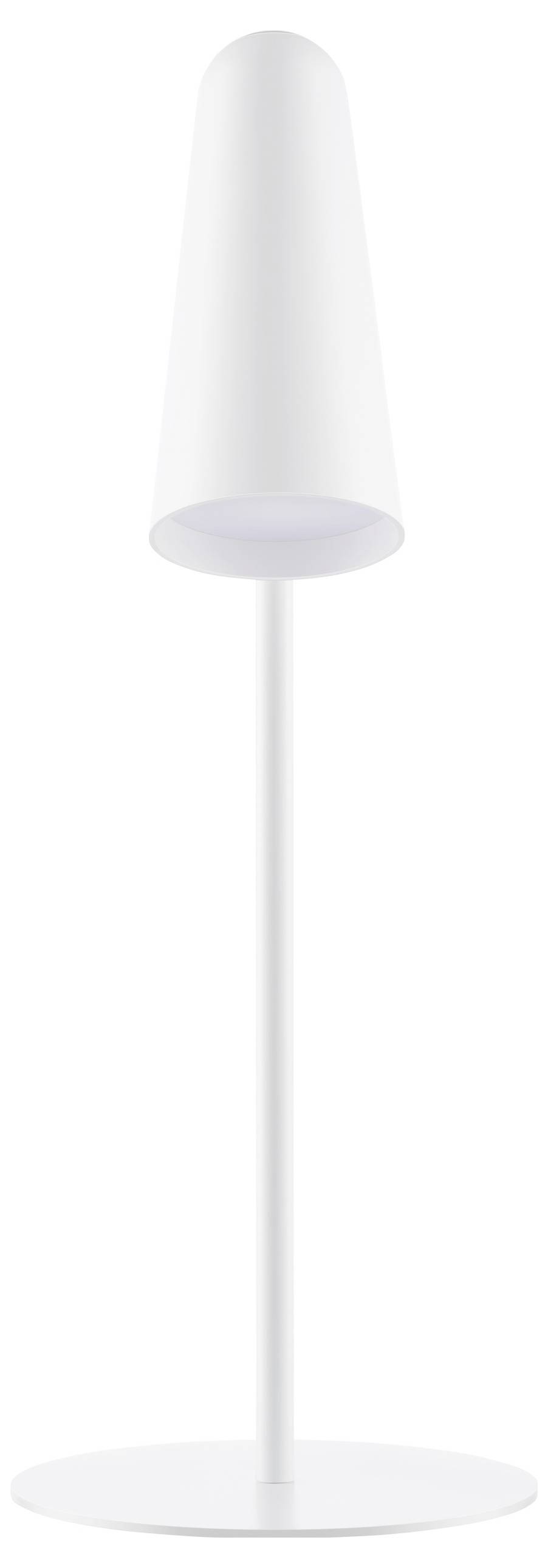 A white table lamp with a slender, conical lampshade on a slim, straight stand and a round base.