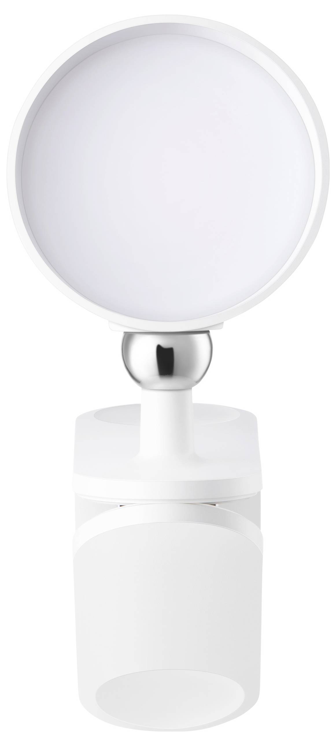 A white, round lamp with an adjustable head mounted on a rectangular base. Perfect for modern and minimalist interior design.