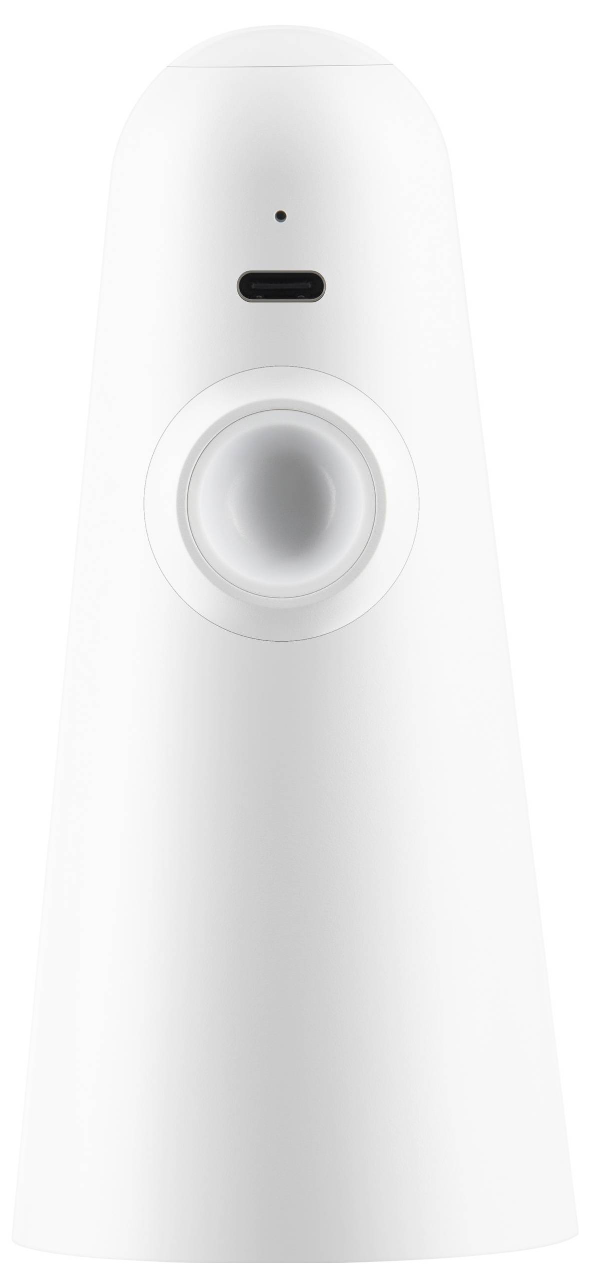 A white, cone-shaped device with an opening in the middle and a small, black sensor above it.