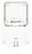 On the back of a white electronic device are four round feet, a label with technical details, and a plugged-in cable.