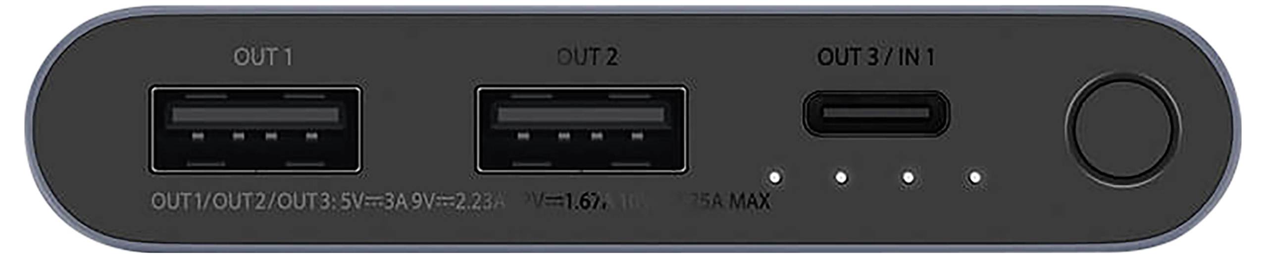 External power bank with three USB ports and a battery level indicator with four lights.