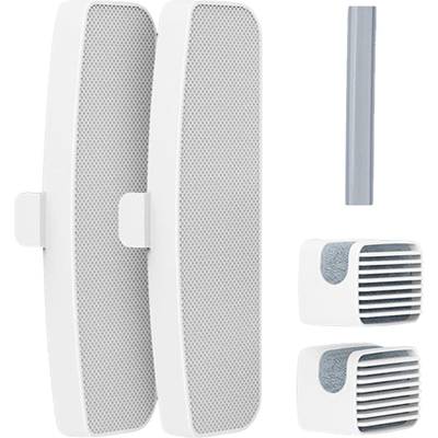 Two white rectangular speakers next to two ventilation grilles and a grey narrow bar, presumably accessory parts.