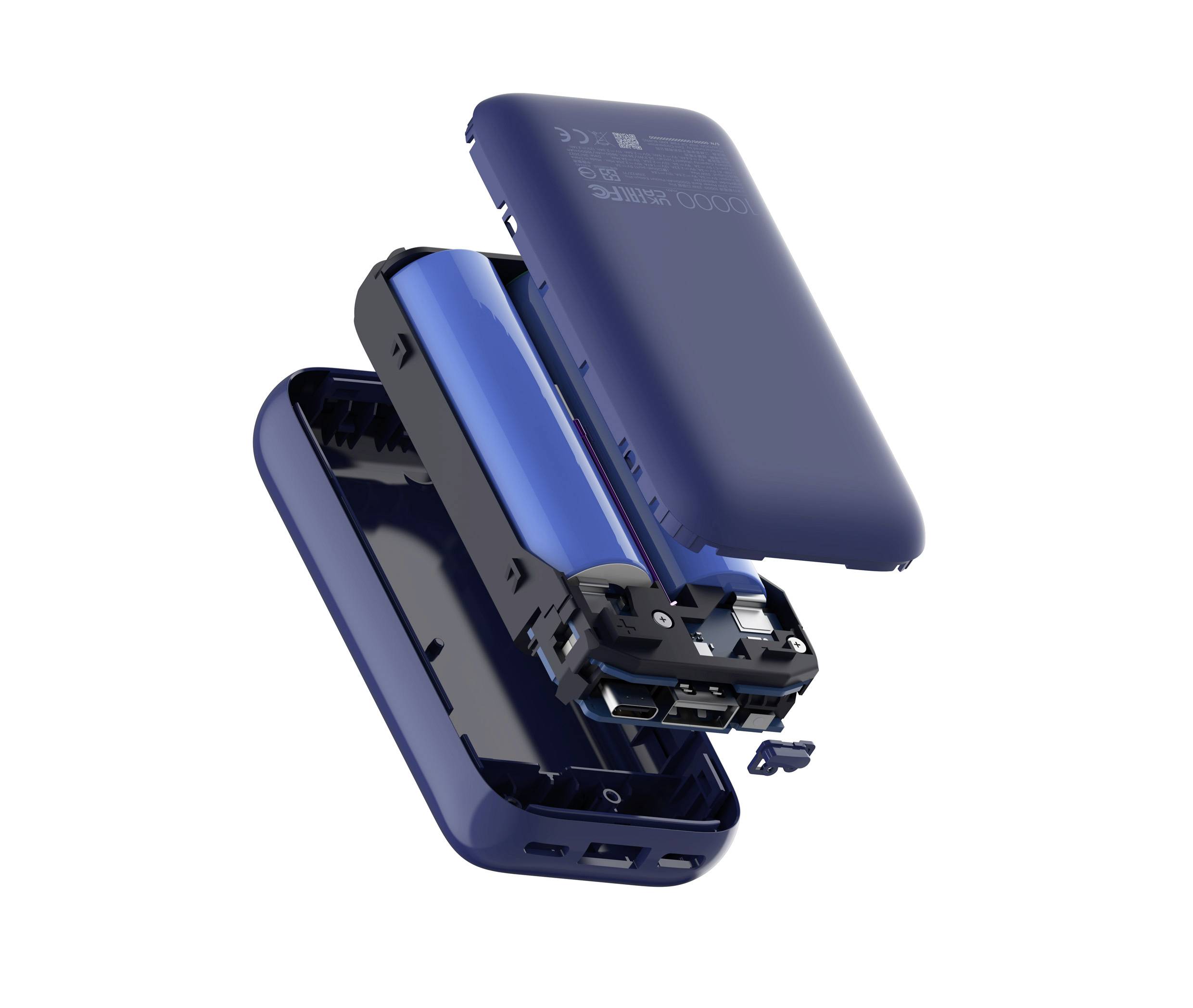 Exploded view of a power bank with two blue cells, housing separated, showing the internal arrangement of battery cells and connectors.