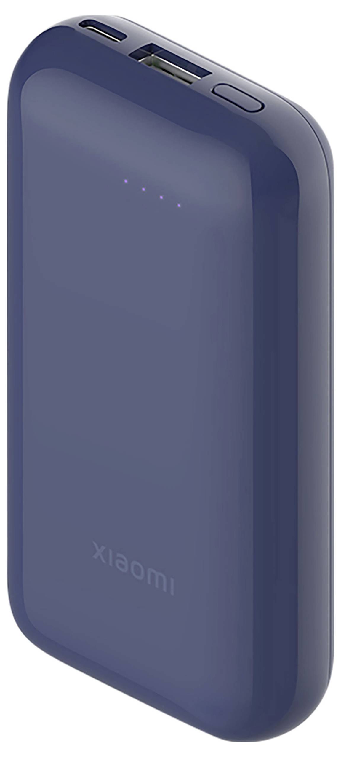 A blue power bank with rounded edges and a USB port on top. Four small LEDs indicate the charging status.