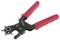 A hole punch with a red handle and rotatable head for various hole sizes, set against a white background.