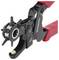 Punch pliers with red handles and multiple interchangeable punch heads. They are used for punching holes in materials such as leather.