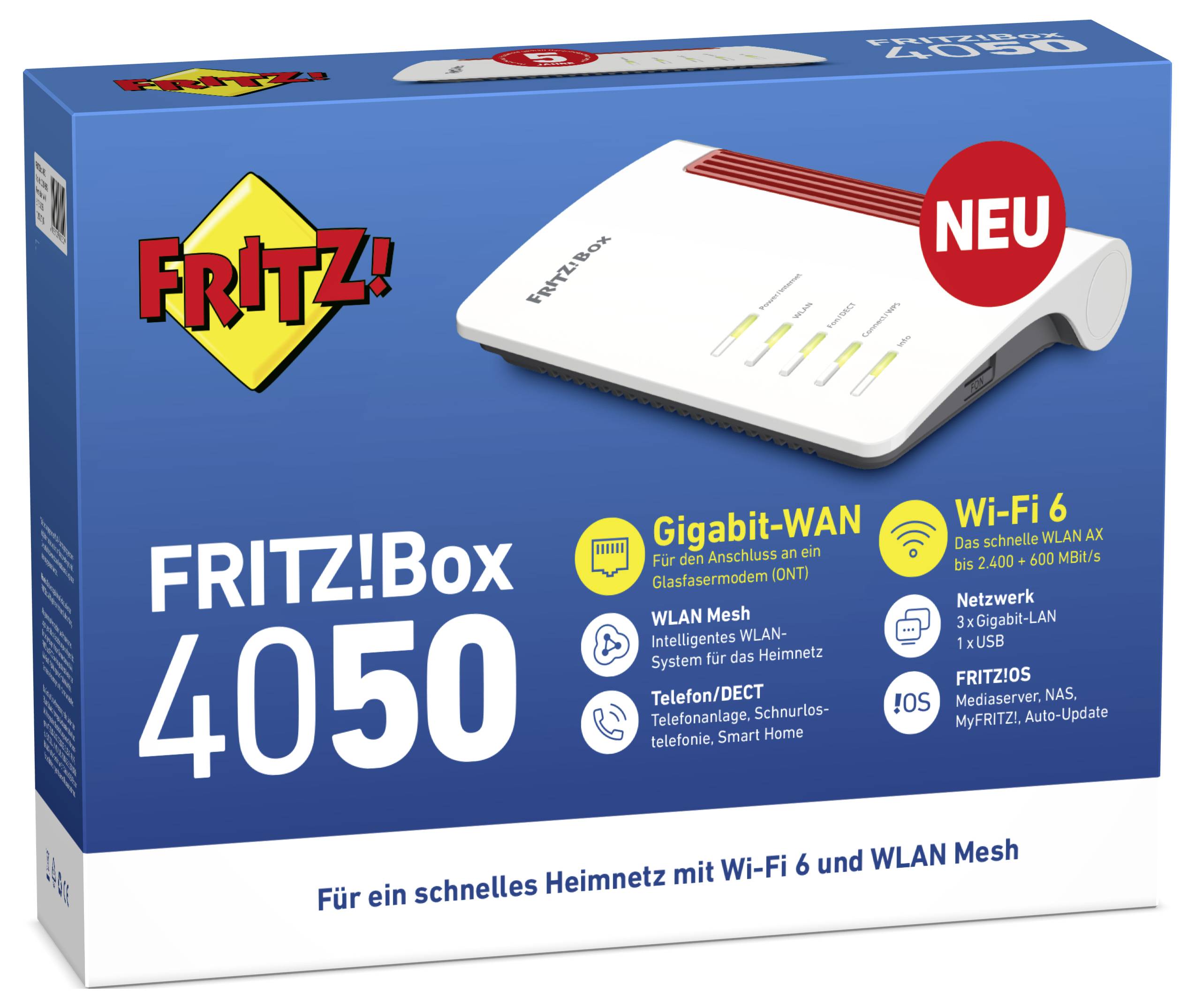 Packaging for a FRITZ!Box 4050. Router compatible with Wi-Fi 6 for a fast home network. Includes details on features and connectivity.