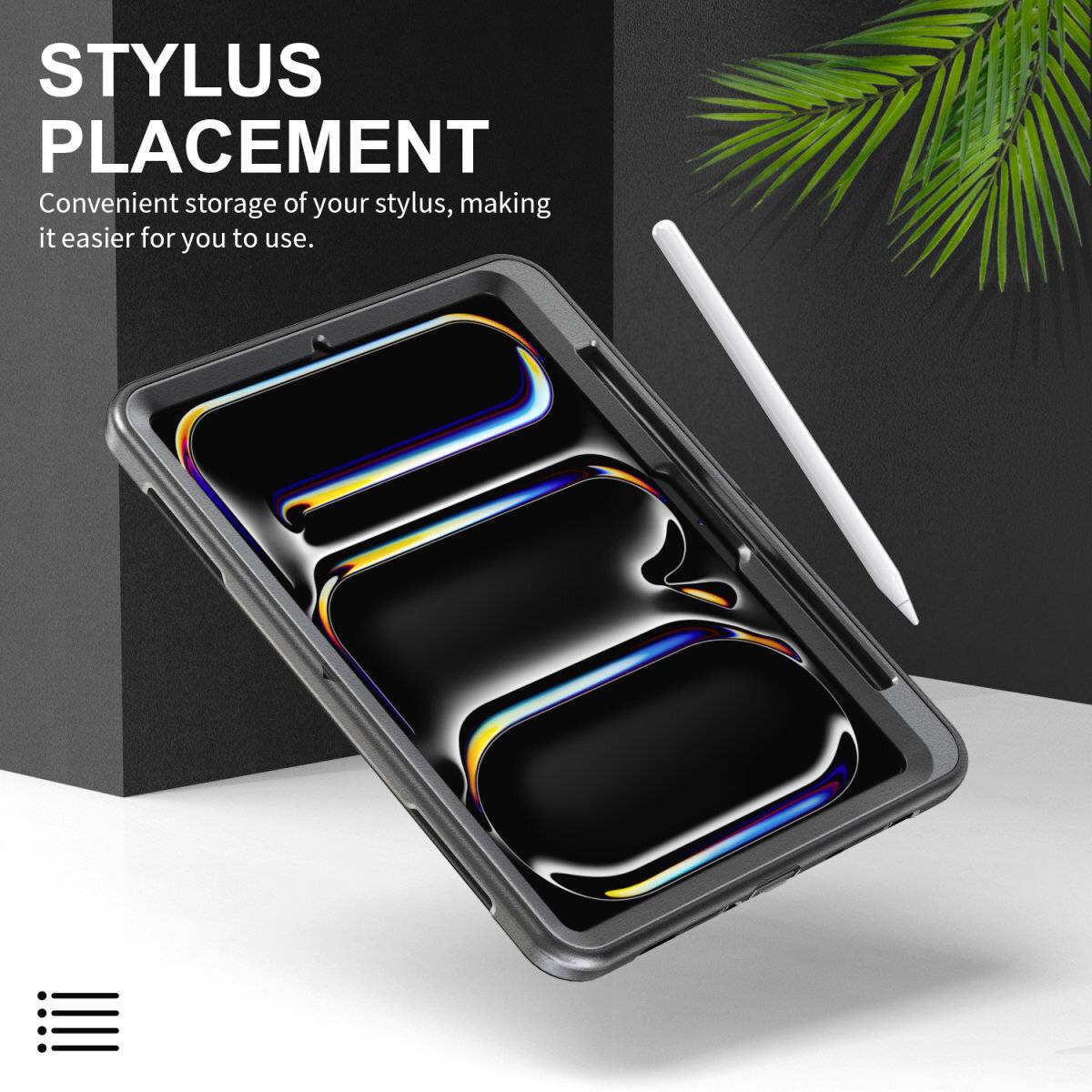 'STYLUS PLACEMENT' shows a smartphone and a stylus against a white background. The text recommends a simple stylus storage solution.