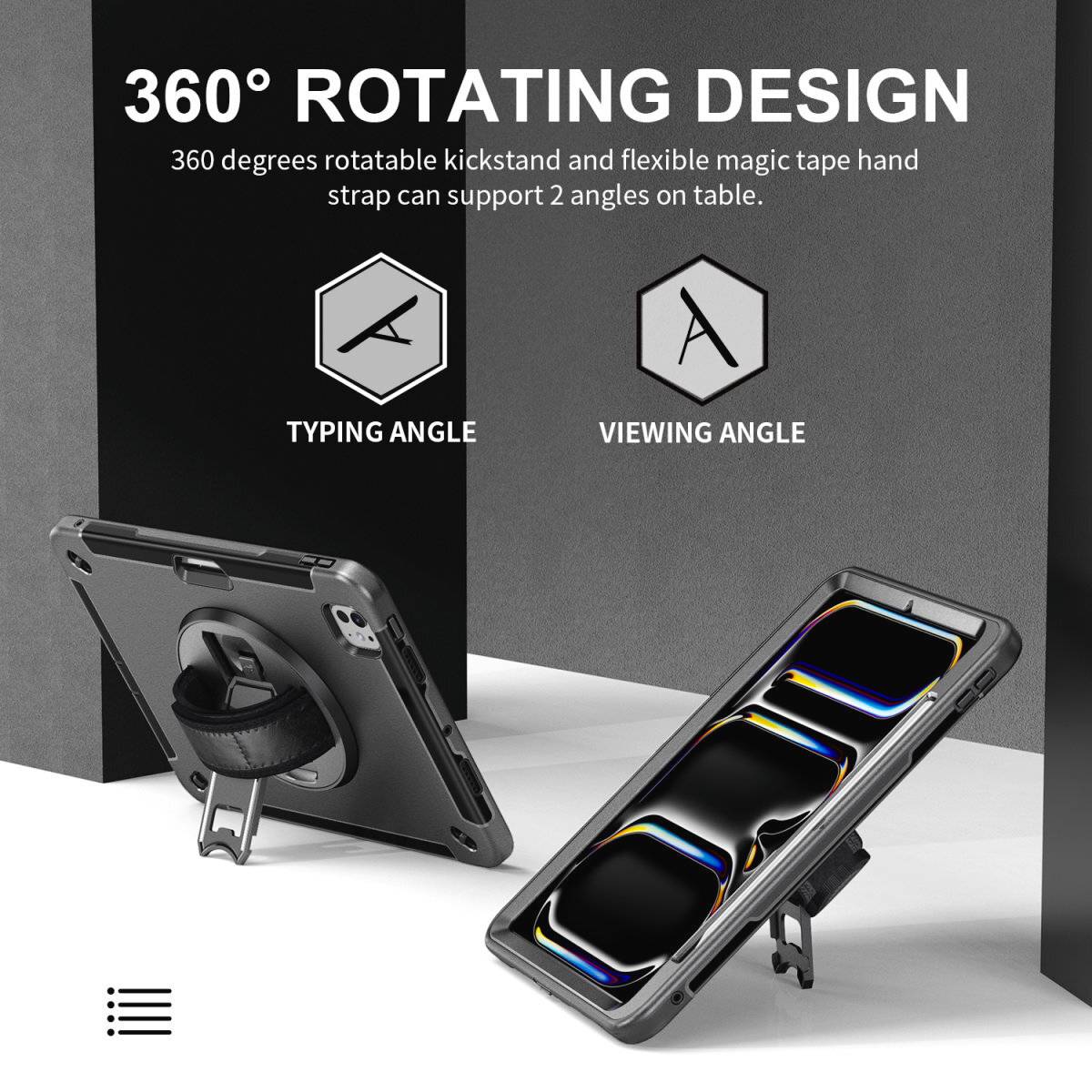 The image shows a flexible mobile phone stand design that supports 360-degree rotation for tapping and viewing.