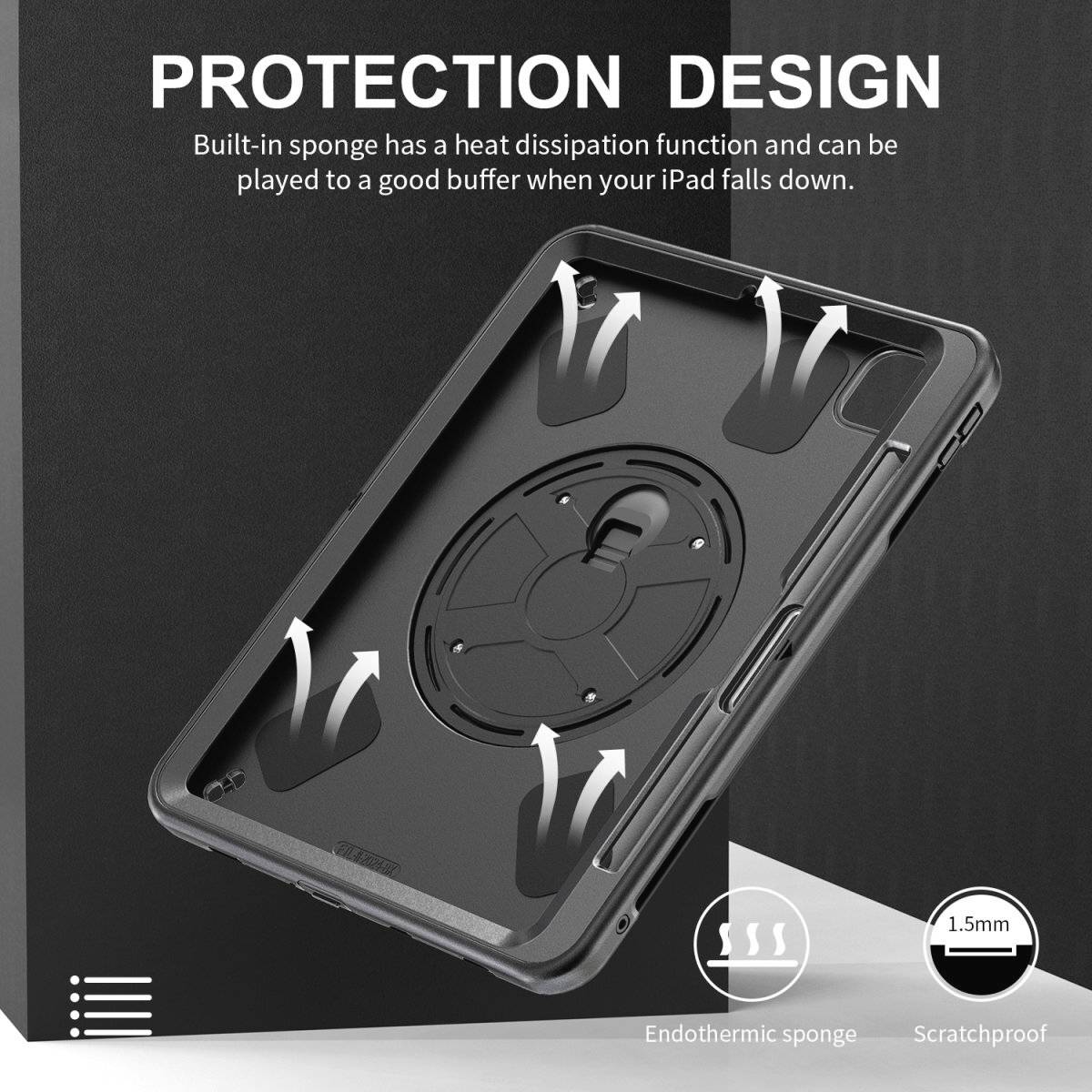 'Protective Design: Built-in foam padding disperses heat and provides impact protection for iPad case. Scratch-resistant and 1.5 mm thick.'