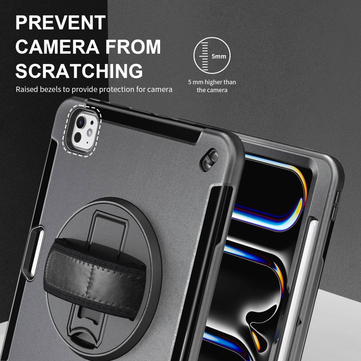 Black phone case with raised edge protects the camera from scratches. Described as 5 mm higher than the camera.