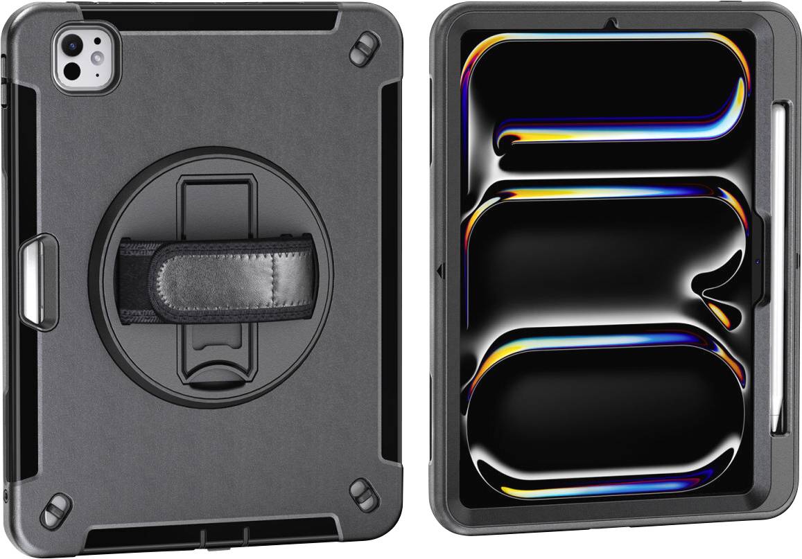 Two robust tablet cases with stand. On the left: Case with rotatable stand. On the right: Closed, with a glossy, futuristic design.