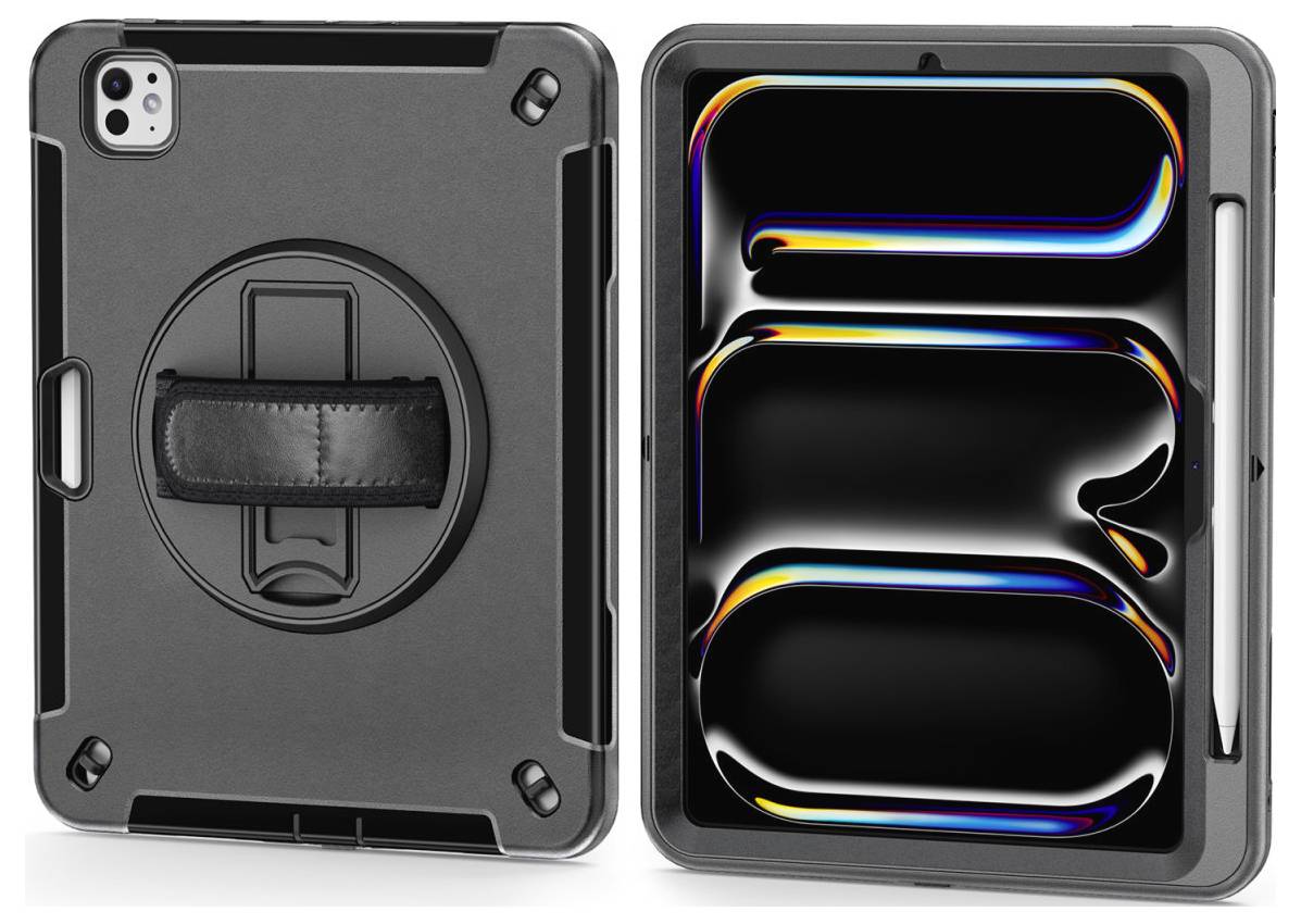 Robust tablet case with integrated leather handle and stand, shown from front and back.