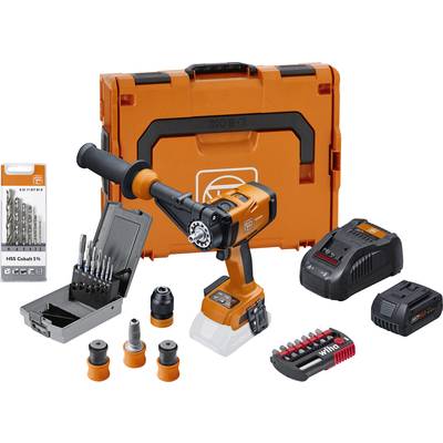 Cordless Drill Set with Carry Case, Drill Bits, Screwdriver Bits, Battery and Charger. Main device in the centre, accessories to the left and right.