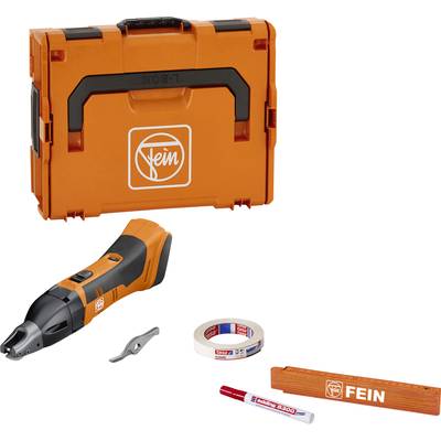 An orange toolbox with 'Fein' written on it, next to an electric tool, a spare part, adhesive tape, a ruler, and a marker.