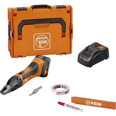 Orange FEIN cordless impact driver set with battery, charger, spare blade, adhesive tape, marker pen and protective case on white background.