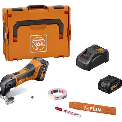 Tool set comprising an oscillating multi-tool, battery, charger, red marker, and tape measure, with an orange transport case.