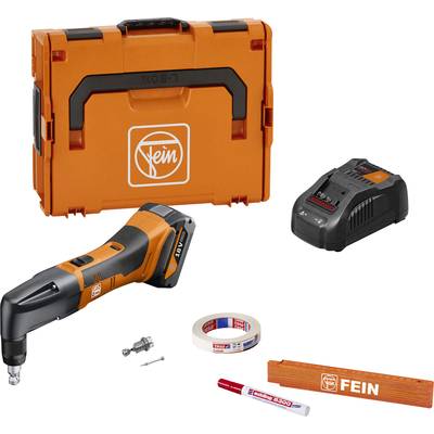 An orange multiool by Fein with case, battery, charger, saw blades, ruler and marker, suitable for DIY works.<br><br>Correction: An orange multiool by Fein with case, battery, charger, saw blades, measuring tape and marker, suitable for DIY projects.