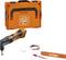 Fine orange toolbox with multi-tool, two screws, adhesive tape, ruler and marker pen. For use in construction or repair.