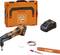 A set comprising an orange multi-tool, battery charger, transport case, adhesive tape, ruler, pen and two screws.