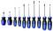 'Set of ten screwdrivers in various sizes with blue and black handles, arranged from small to large.'