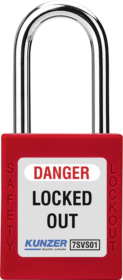 Red safety lock with the inscription 'DANGER LOCKED OUT'. Also labelled with 'SAFETY LOCKOUT'.